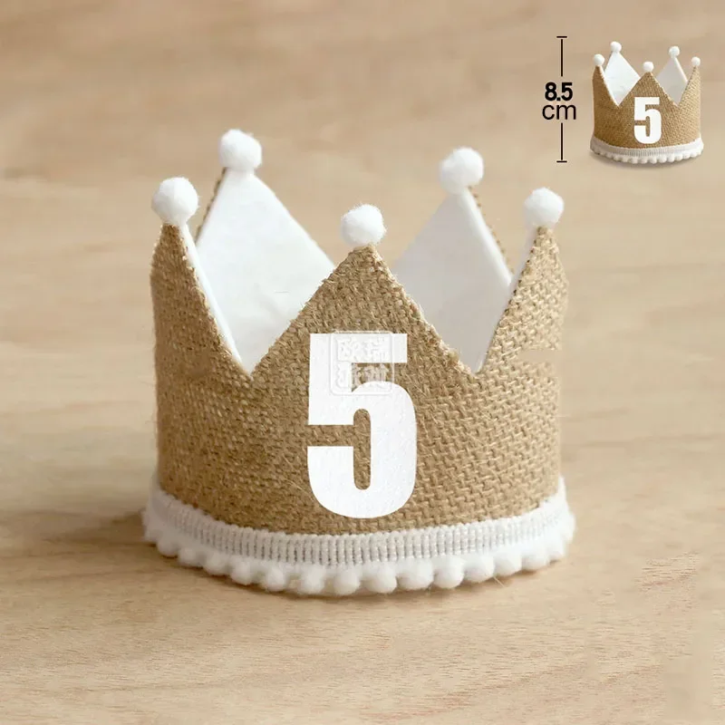 Burlap Crown Baby Birthday Party Hat 1/2 1 2 3 4 5 6 7 8 9 Year Baby Boy Girl Linen Headband 100 Year Adult Anniversary Cap