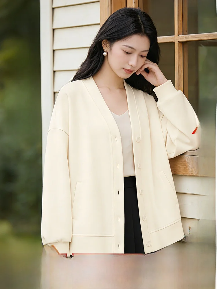 

Свободный свитшот с V-образным вырезом для женщин, весна-осень, новинка, повседневный кардиган из смесового хлопка и полиэстера с длинными рукавами