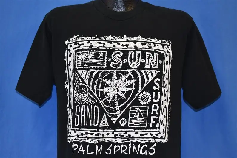 

90s Palm Springs California Sun Surf Palm Trees Boats Tourist t-shirt Large