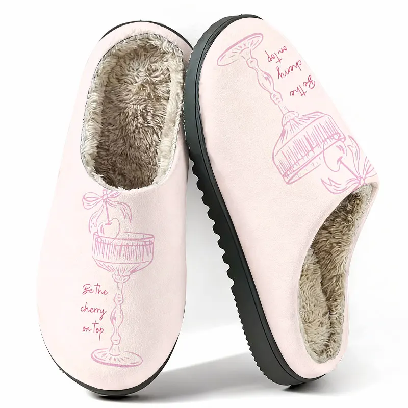 Cocktail Glass Pink Print Women's Winter Warm Plush Slippers Fuzzy Fleece House Slippers Indoor Shoes view 4