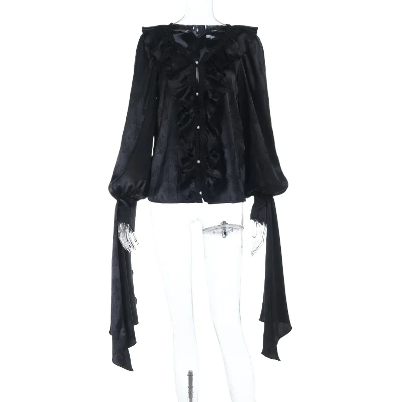 2025 Halloween cuello en V con volantes de manga larga Top otoño nuevo Retro versátil vestido camisero mujeres elegantes vestidos largos hermosos