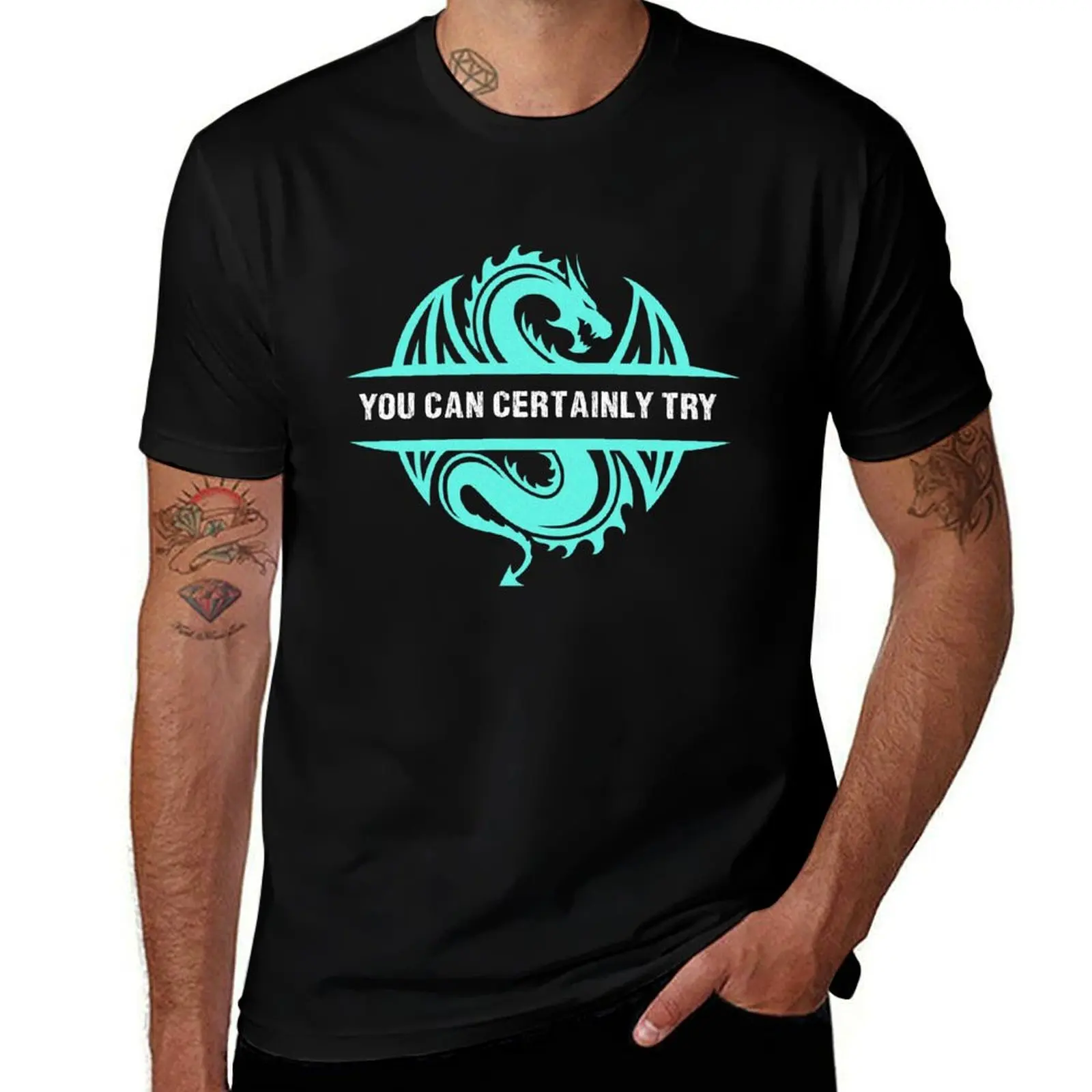 You Can Certainly Try - Vintage Cyan Blue Dragon T-Shirt Basic Short Sleeve T-Shirt for Men