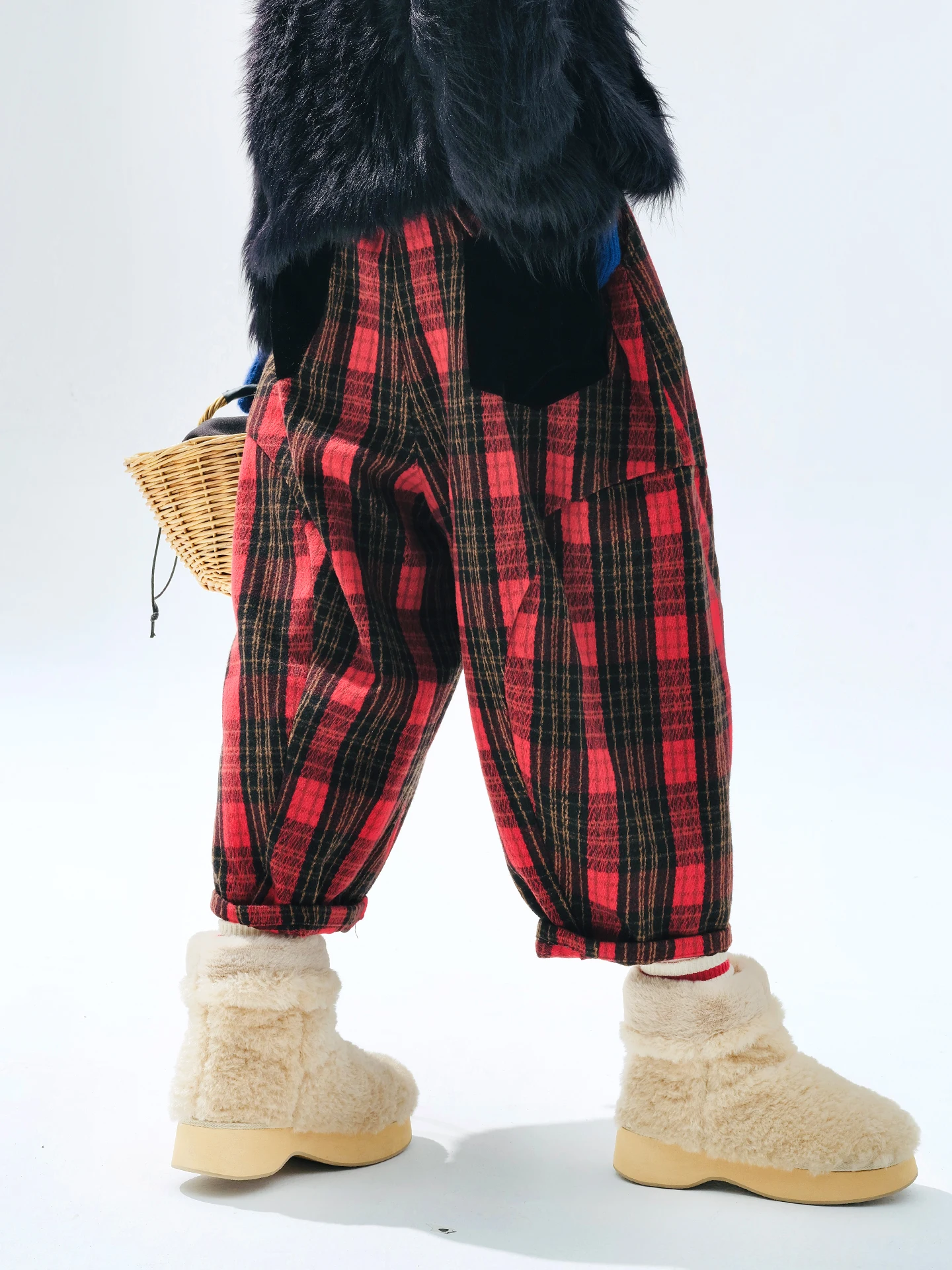 imakokoni 2025 بنطال جزر منقوش باللون الأحمر الأصلي للشتاء - مزيج سميك ودافئ على الطراز الياباني بنطلون نسائي 255276