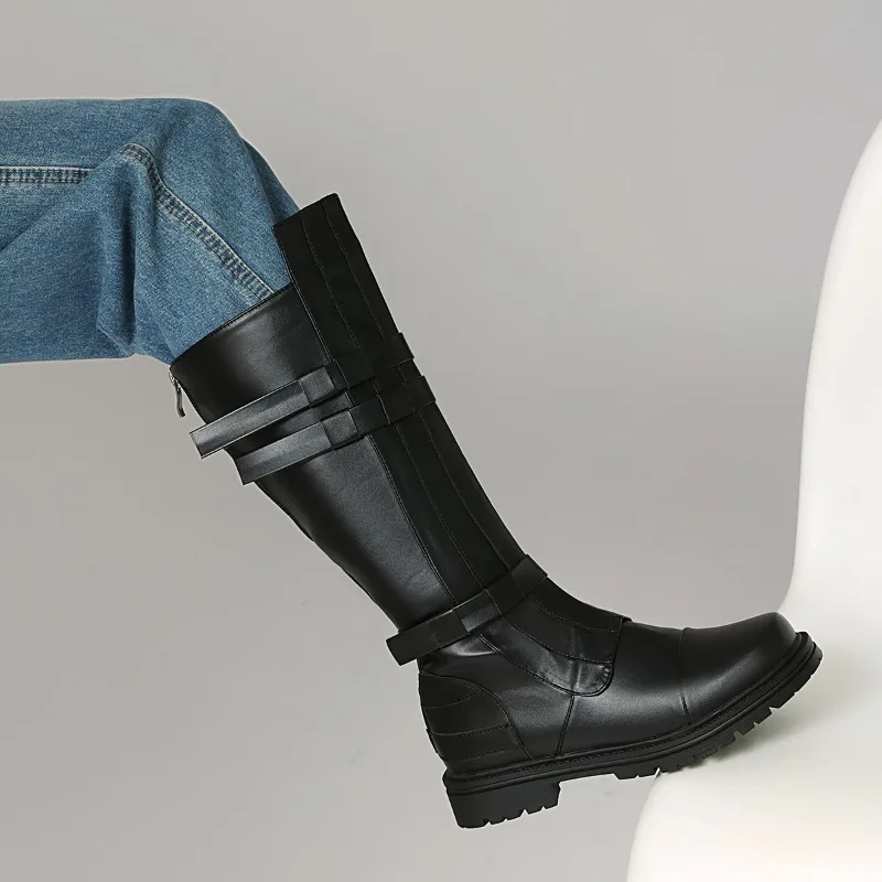 Women's Black PU Round Toe Platform Mid Calf Motorcycle Boots with Multi Strap Buckles Back Zipper Fashion Riding Boots