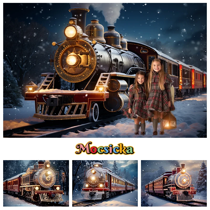 Merry Christmas Train Backdrop Photography Winter Snow New Year Props Girls Kids Children Photo Background Decor Outdoor Studio