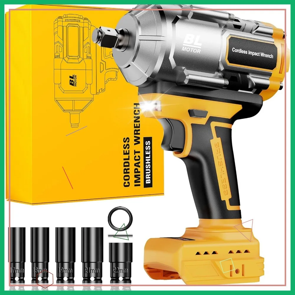 Аккумуляторный ударный гайковерт 1/2 дюйма, бесщеточный двигатель с высоким крутящим моментом 1200 Нм, 3 скорости, с 5 головками для ремонта автомобилей
