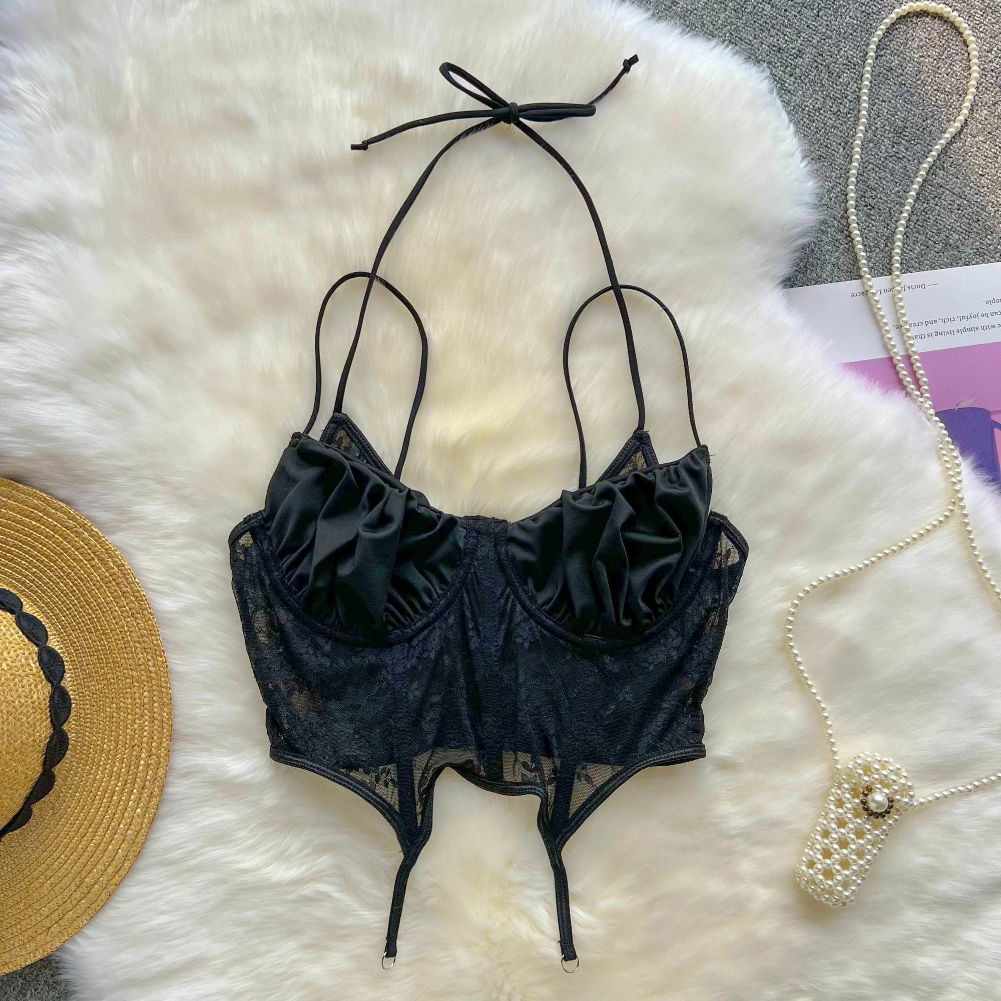 American Retro Spicy Girl Strap Tank Top Summer Black  Lace Mesh Hollow Out Embroidery Bra Top For Women 2024