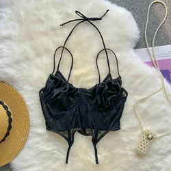 American Retro Spicy Girl Strap Tank Top Summer Black Lace Mesh Hollow Out Embroidery Bra Top For Women 2024