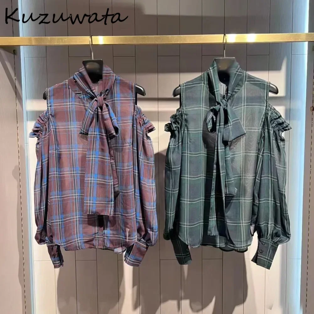 Kuzuwata Vintage Simple Stand Collar Lantern Sleeve Plaid Shirt Off Shoulder Tie All-match Blusas Japan Print Button New Blouses