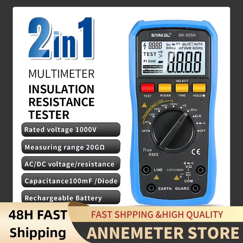 

2-in-1 Digital Multimeter & Insulation Resistance Tester, 1000V Megohmmeter, AC/DC Voltmeter & Resistor Meter