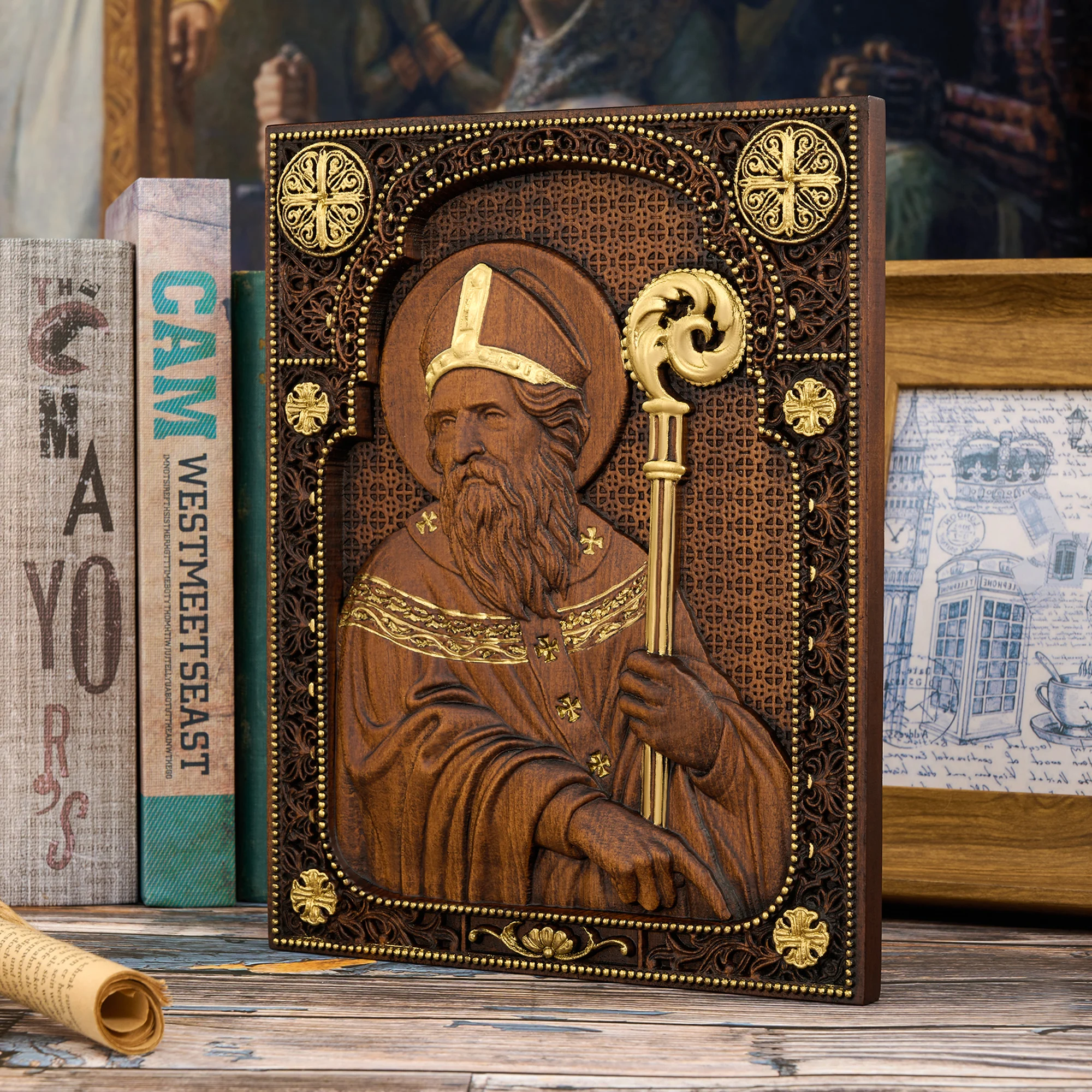 Vintage Hand Carved Saint Nicholas Bishop Icon Wooden Relief Panel Gilded Cross Ornate Frame Christian Orthodox Religious Wall A