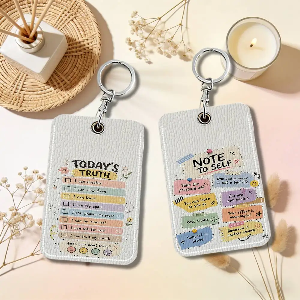 Self-care Themed Warm List Illustration Keyring Leather Access Card Holder Keychain Community Proximity Card Protective Case