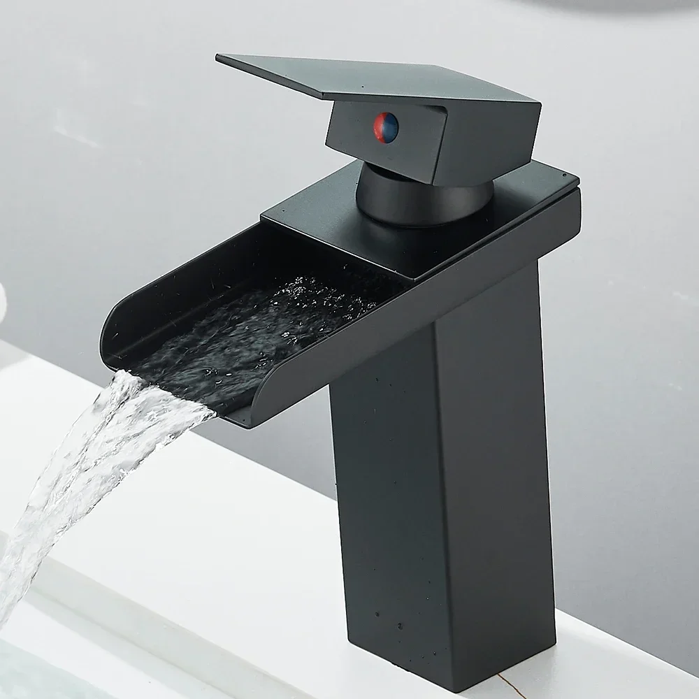 

Black Waterfall Bathroom Faucet Basin Vanity Vessel Sinks Mixer Tap Cold And Hot Water Tap Single Hole Bath Sink Faucets Crane