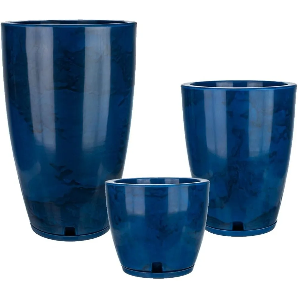 

Plastic Plant Pot, Blue Marble Effect, Set of 3 (11+17+25 inch) with Drainage Hole and Saucer. Outdoor and Indoor Set o