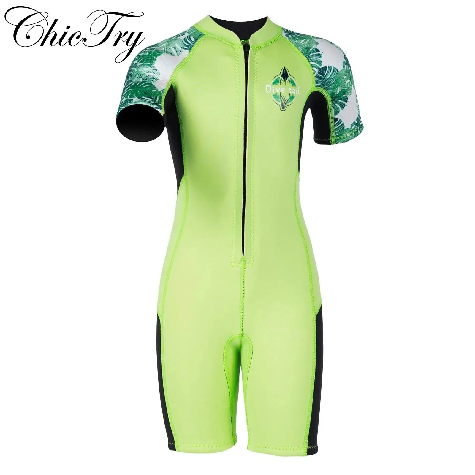 

Kids Boys Girls Swim Leotard 2.5mm Neoprene Thermal Wetsuit Leaf Printed Short Sleeve Jumpsuit for Surfing Diving Snorkeling