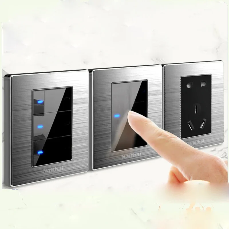 Stainless Steel Mirror Light Switch EU France Germany Gang 1 2-way Household Switch Socket 86 Type Wall with Led Wire Drawing