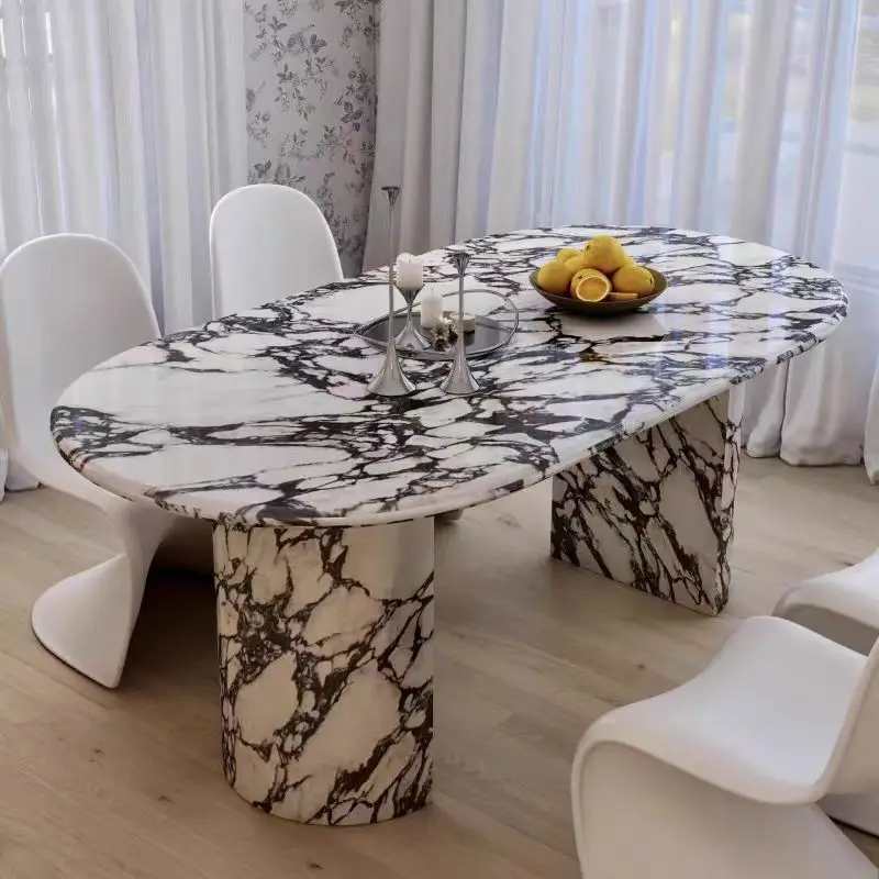 Designer Marble Dining Table, Oval/Rectangular Large Slab, Luxury Kitchen Table, High Hardness & Easy-Clean Surface