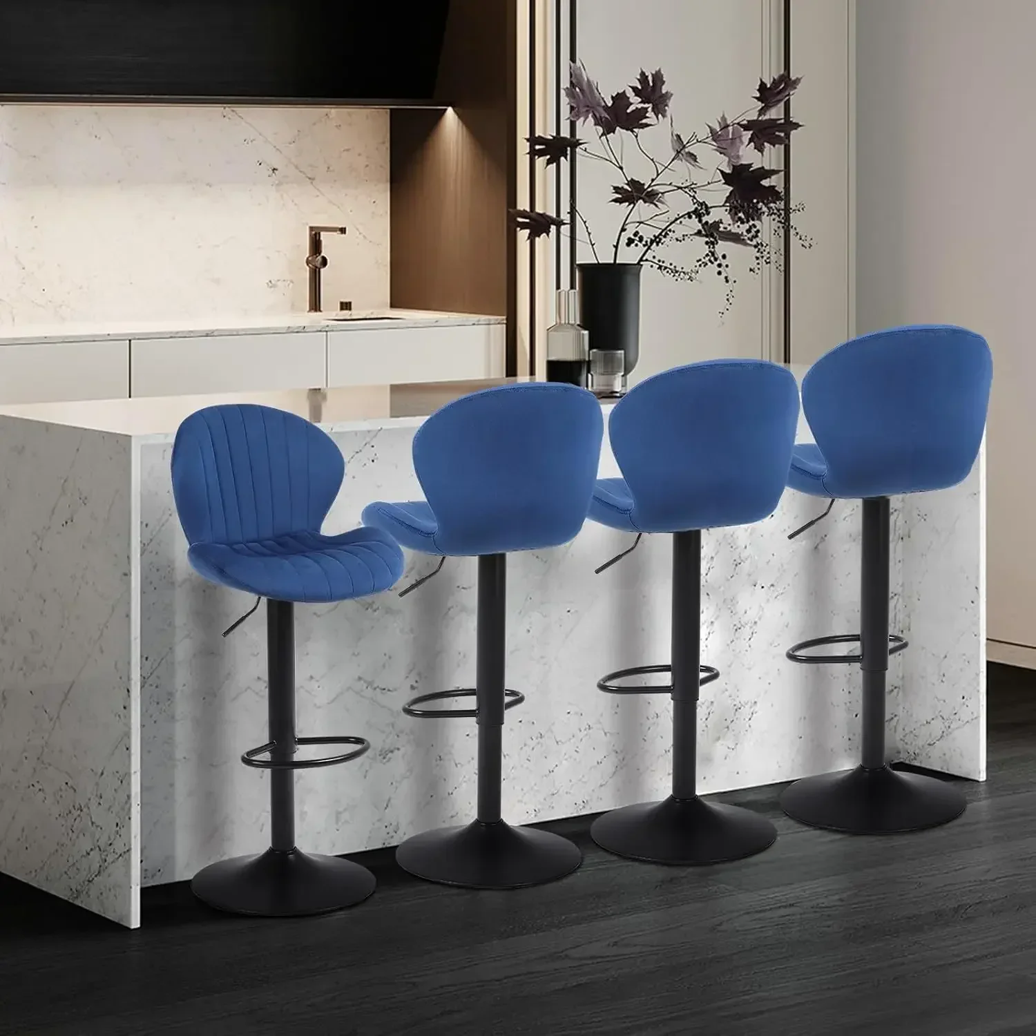 Modern Bar Stools Set of 4, Velvet Height Adjustable Swivel Barstools, Armless Kitchen Island Counter Chairs with Back &