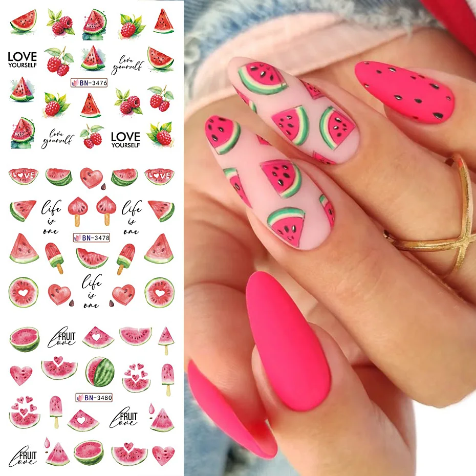12 disegni di fragole per nail art decalcomanie per il trasferimento dell'acqua serie di frutta rosa rossa cursore autoadesivo decorazione per manicure decorazione per unghie fai da te