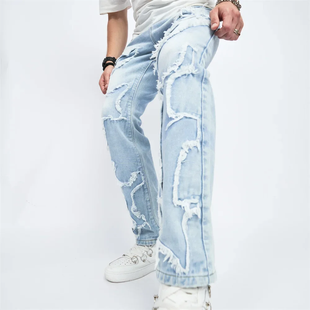 

Hip Hop Streetwear Men's Regular Fit Stacked Jeans Ripped Slim Fit Patch Distressed Destroyed Straight Denim Pants 2024 XS-2XL