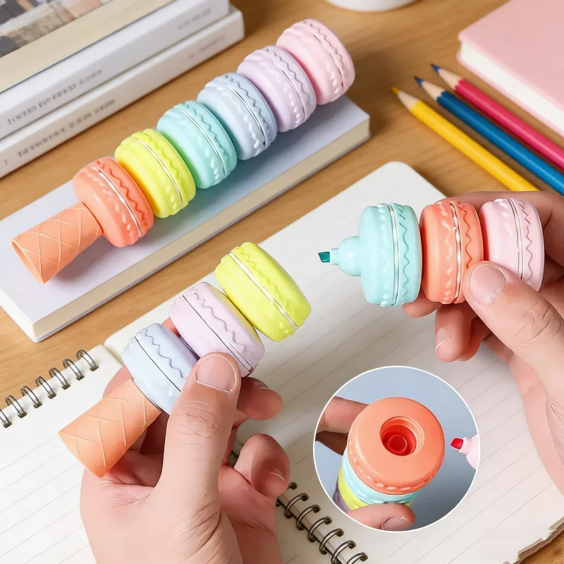 

2-Pack Macaron-Shaped Highlighters, Single Pack with 6 Colors, Cartoon Creative Highlighters for Students to Highlight Key Points and Make Marks, Colorful and Cute, High-Value Journaling Pens