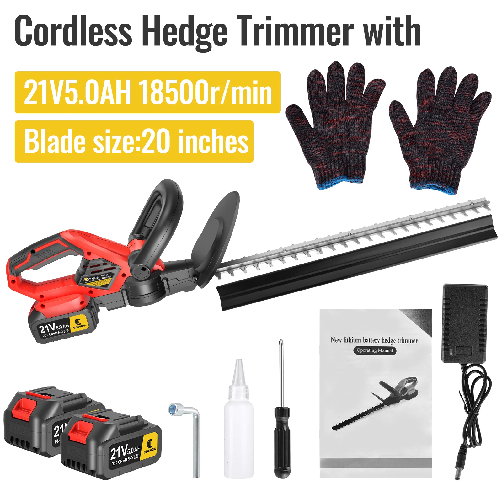 21V Cordless Hedge Trimmer 20 Inch Electric Hedge Trimmer with 5.0Ah Battery & Charger with Dual Action Blade Length 51cm