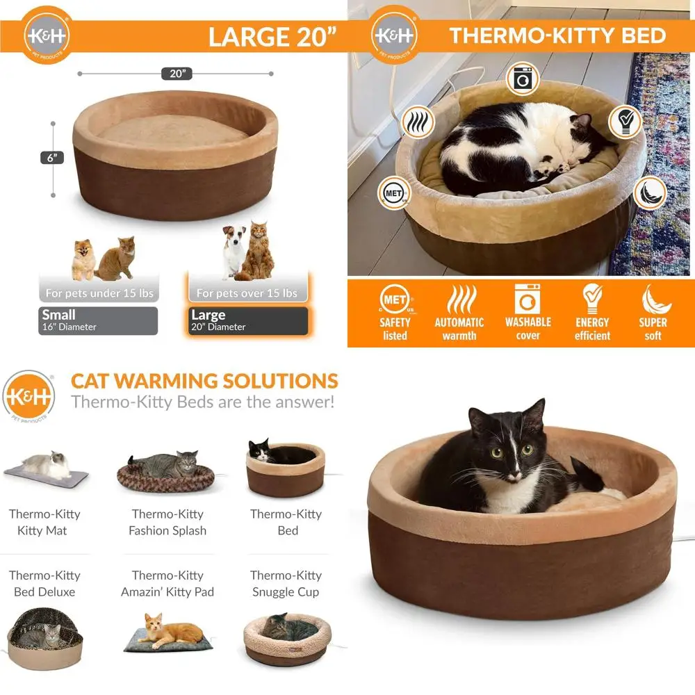 

Large Round Heated Pet Bed, Calming Warm Pillow for Cats & Dogs, Machine Washable, Removable Heater, Safety Certified - 20 Mocha