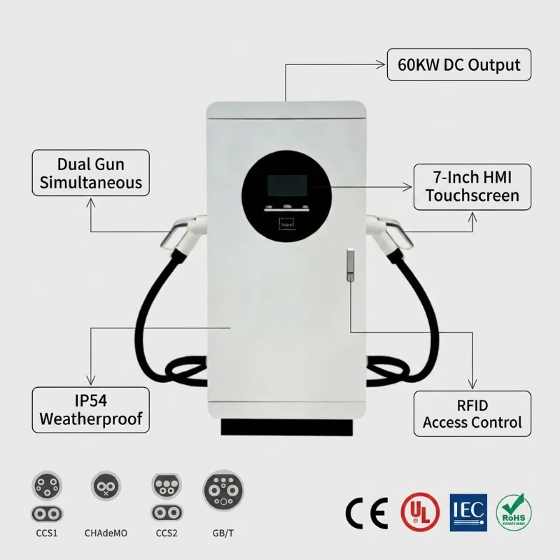 Customized 40KW 60KW GBT Double DC EV Charging Pile 200-1000V Floor Mount OCPP 1.6J 4G RFID IP54 Electric Car Fast Charging Stat