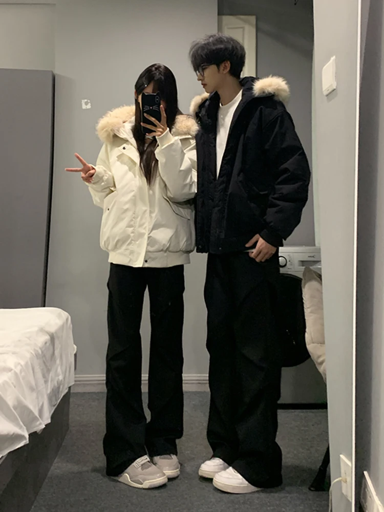 Хлопковая куртка с капюшоном в стиле ретро в американском стиле и меховым воротником для мужчин и женщин, зимняя теплая верхняя одежда, пальто для пар