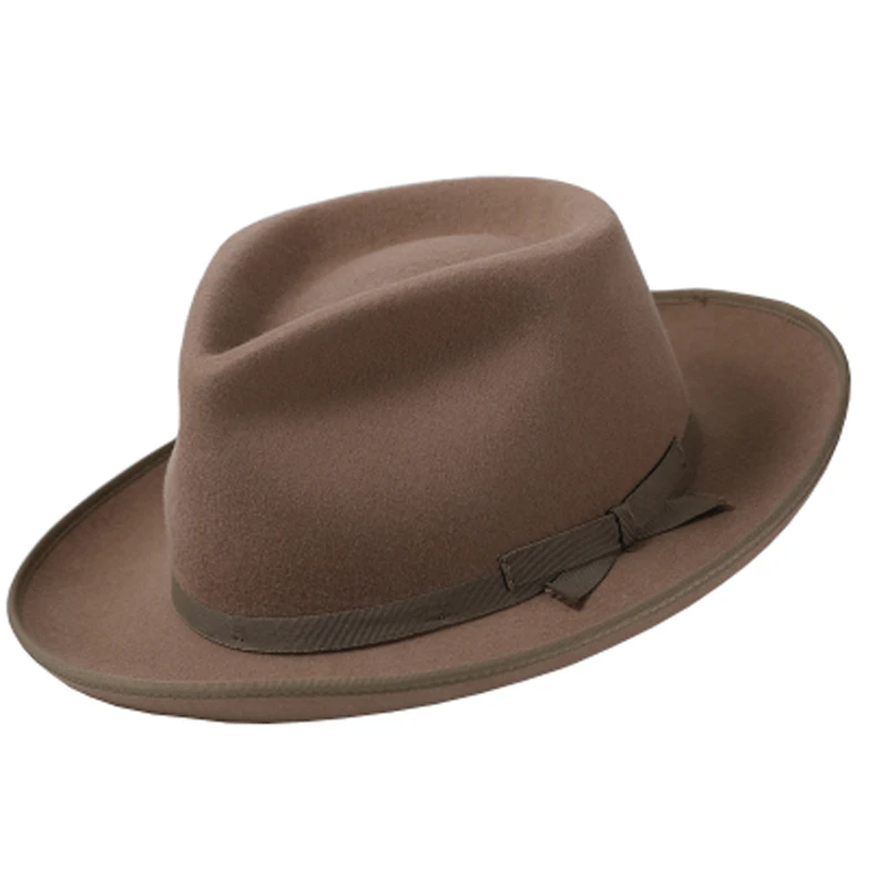 100% Wool American News Fedora For Men Women Unisex Curling Up Brim Crushable Felt Outback Hat With Brown Camel Color