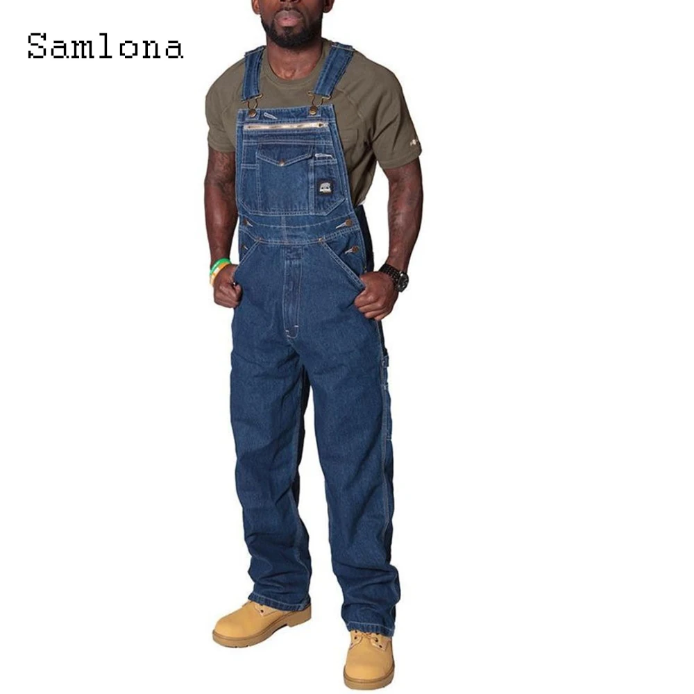 Samlona 2023 New Stand Pocket Jeans Pants Men's Fashion Demin Overalls Casual Retro Demin Jumpsuits Masculinas Plus Size S-5XL