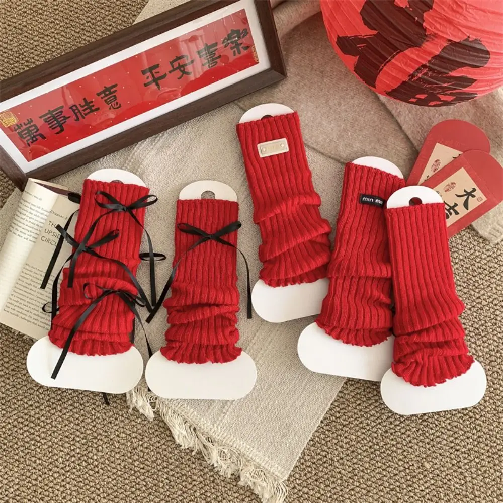 Fashion Japanese New Year Red Socks Lolita Y2k Christmas Knee Socks Ballet Warm Bow Knitted Leg Socks Boot Cuffs