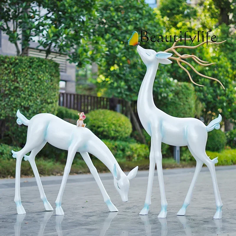 Abstract FRP landscaping outdoor large-scale sculpture garden lawn landscape decoration white deer ornament