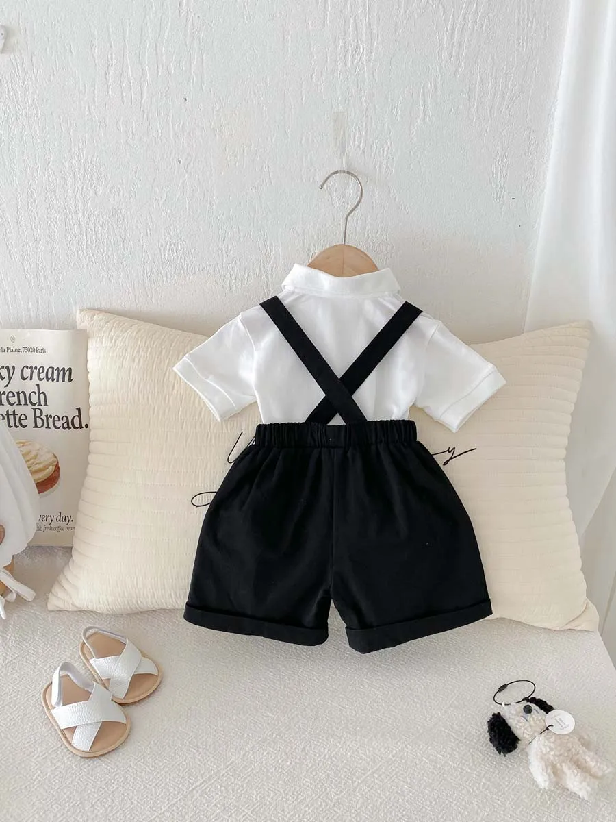 Boy's Summer Polo Collar Top Black Strappy Pants 2 Pieces Set, Boy's Cartoon Gentleman Going Out 2 Pieces suit