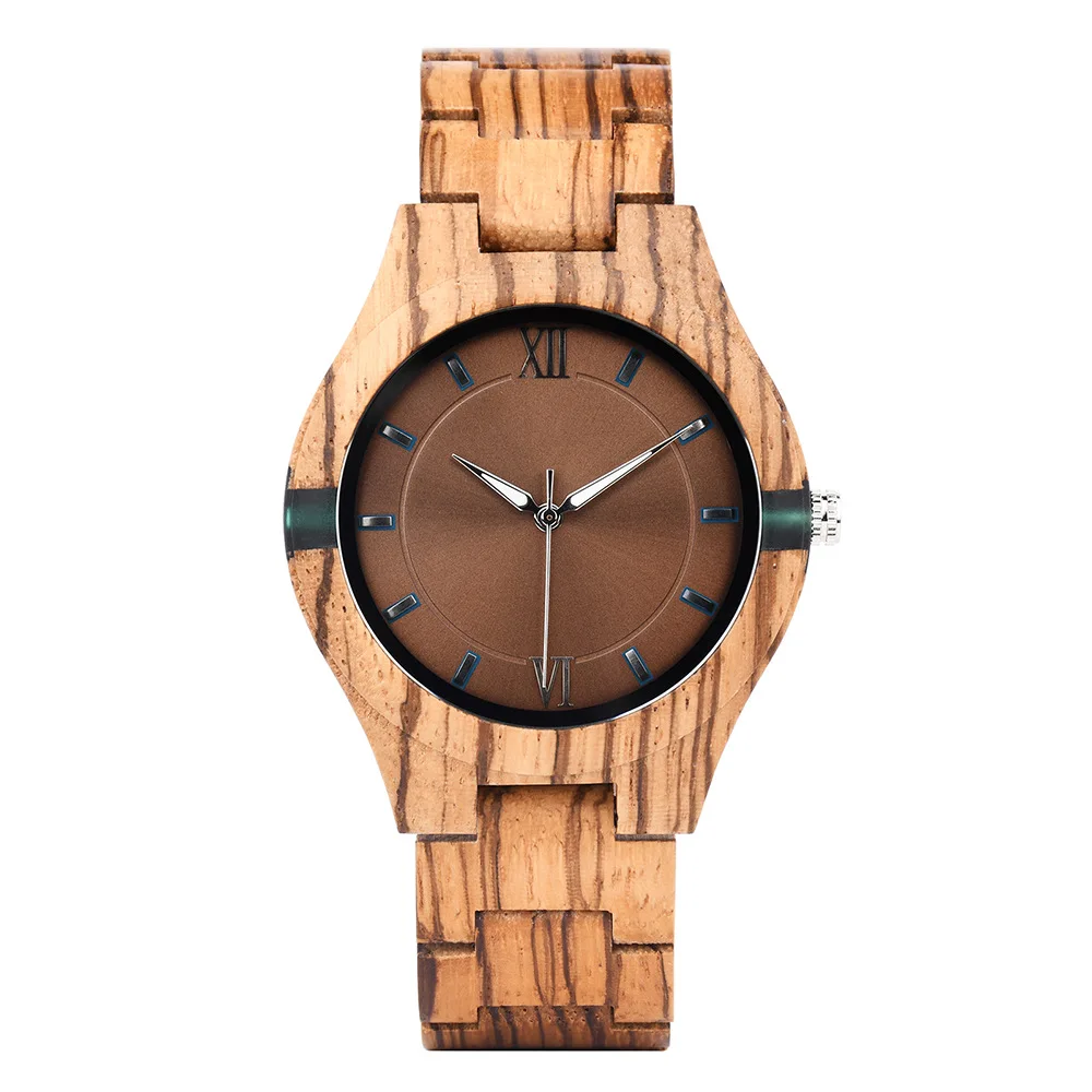 Zebrawood Minimalist Quartz Watch for Men with Luminous Hands and Round Fold Clasp Natural Wood Case