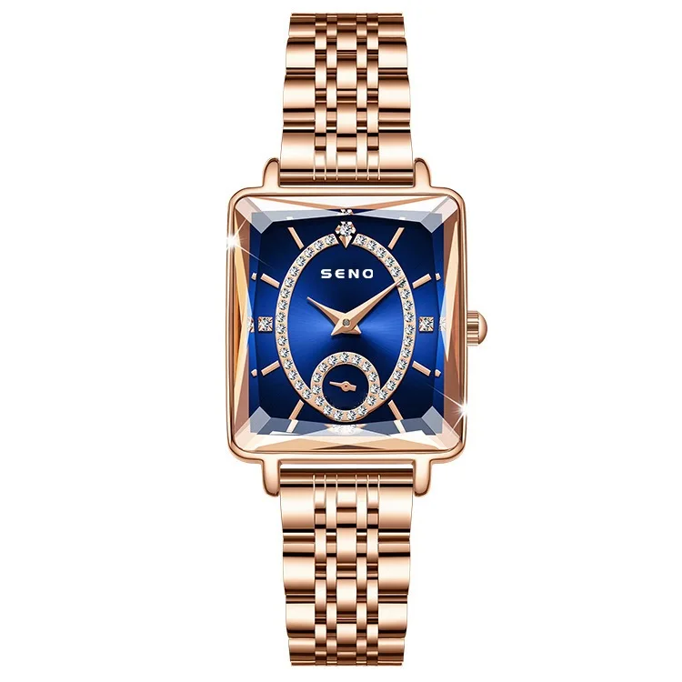SENO Women's Luxury Square Quartz Watch Stainless Steel Milanese Strap Ladies Wristwatch with Diamond Dial World Time Function