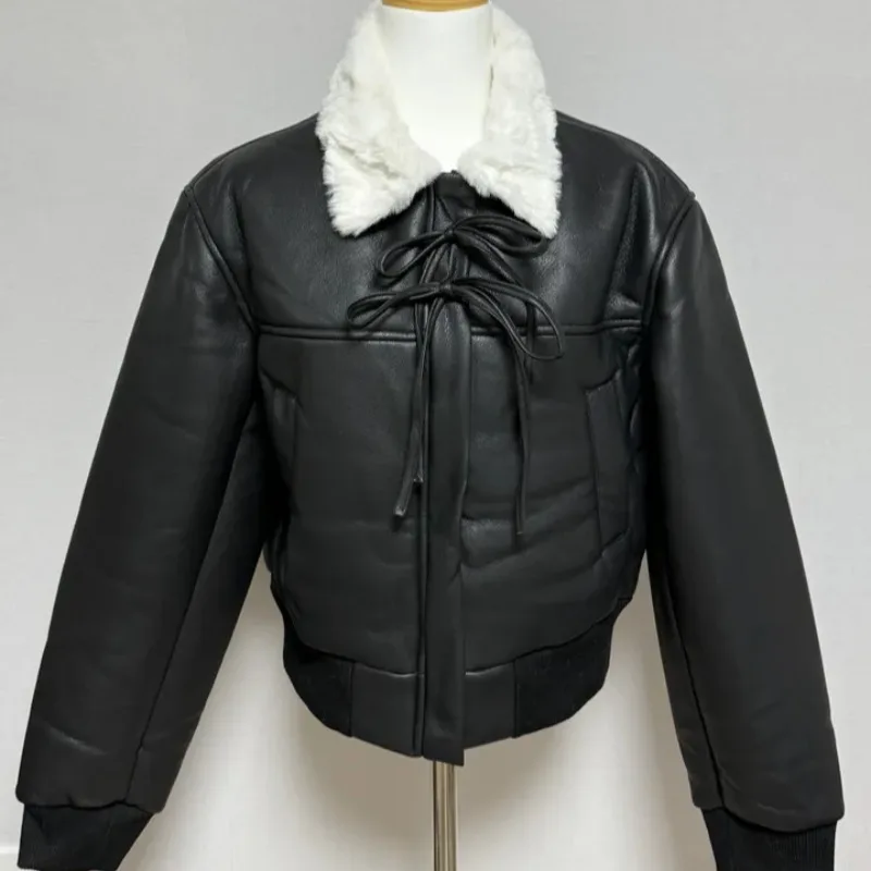 Women's Chic Thiened Fce Lined Leather Jaet Biker Sle All in One Fur Coat Long Sve Regular Length Bla Top