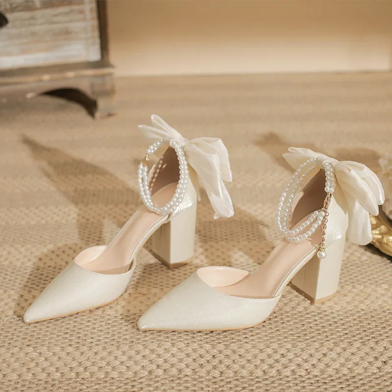 Size 31-43 Bow High Heels Women Pointed Hole Shoes Beige Wedding Shoes All-match Bridal Shoes