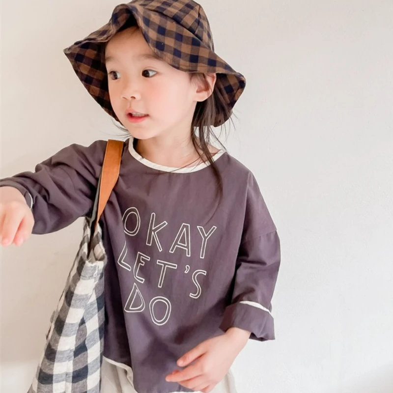 2025 Children's Japanese Korean Autumn T-shirt with Letter Print Long-sleeved Undershirt for Boys and Girls