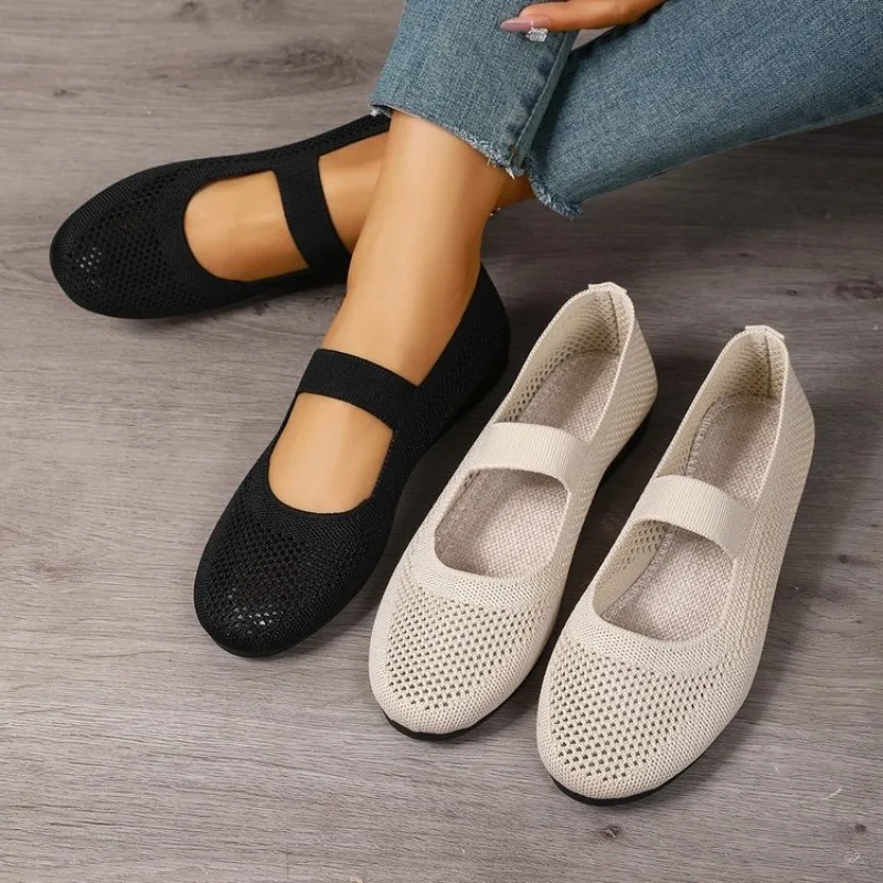 

Womens Flat Mary Jane Shoes Knit Mesh Upper Elastic Strap Breathable Hollow Out Round Toe Lightweight Flexible Soft Sole Durable