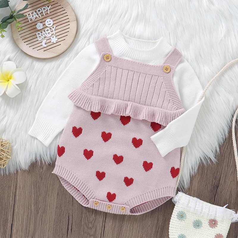 

Toddler Baby Girl Valentines Day Outfit Overall Ruffle Trim Halter Tank Top Cute Heart Knit Romper Spring Clothes