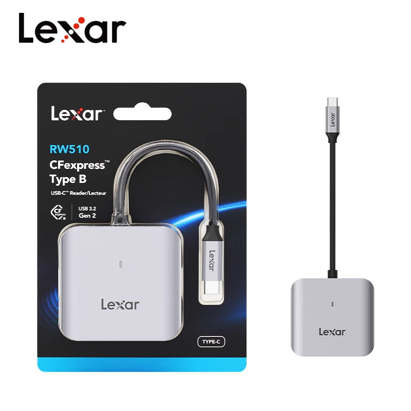 Lexar RW510 CFexpress Type B Card Reader USB3.2 Gen2 10Gbps Built-in Type-C Cable Portable Card Reader for 8K RAW Video Camera