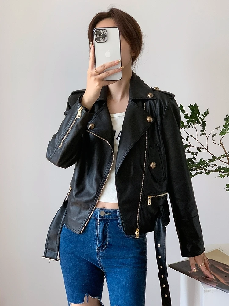 Spring Autumn Short Loose Cool Stylish Green Black White Faux Leather Biker Jacket Women Zipper Belt Long Sleeve 2023