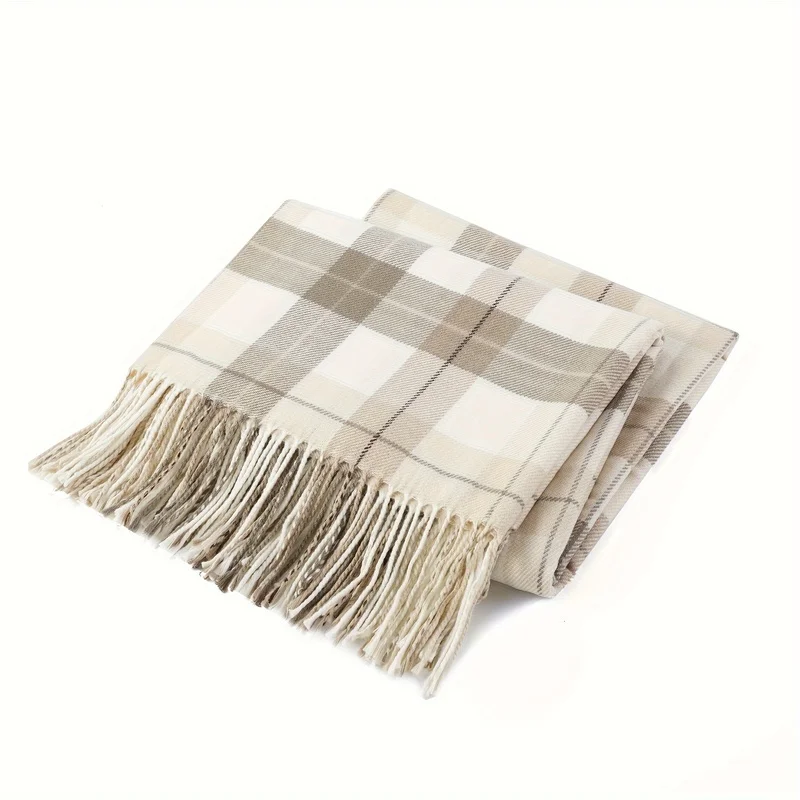 

Extra 50x60inch Farmhouse Plaid Shawl Blanket - Beige, Brown, Gray, White - Lightweight Four Seasons Sofa Bed Cover - Soft