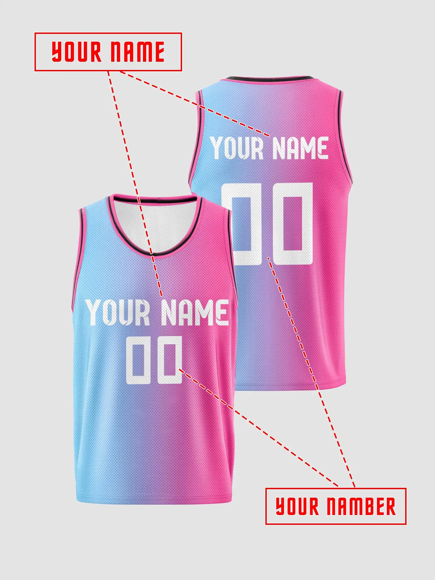 Blue‑pink Gradient Sleeveless Custom Basketball Jersey, Refreshing Breathable Mesh Vest For Custom Name And Digits