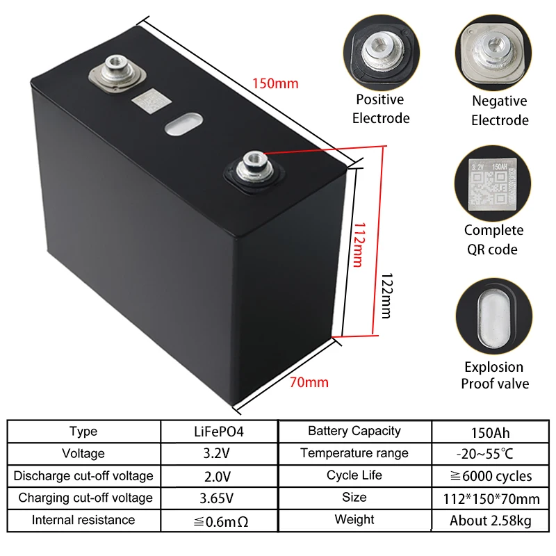 1PCS Grado A 3.2V 150Ah Lifepo4 Batteria 3C al litio ferro fosfato Cella ad alta potenza FAI DA TE 12v 24v E-car Carrello elevatore Casa inverter