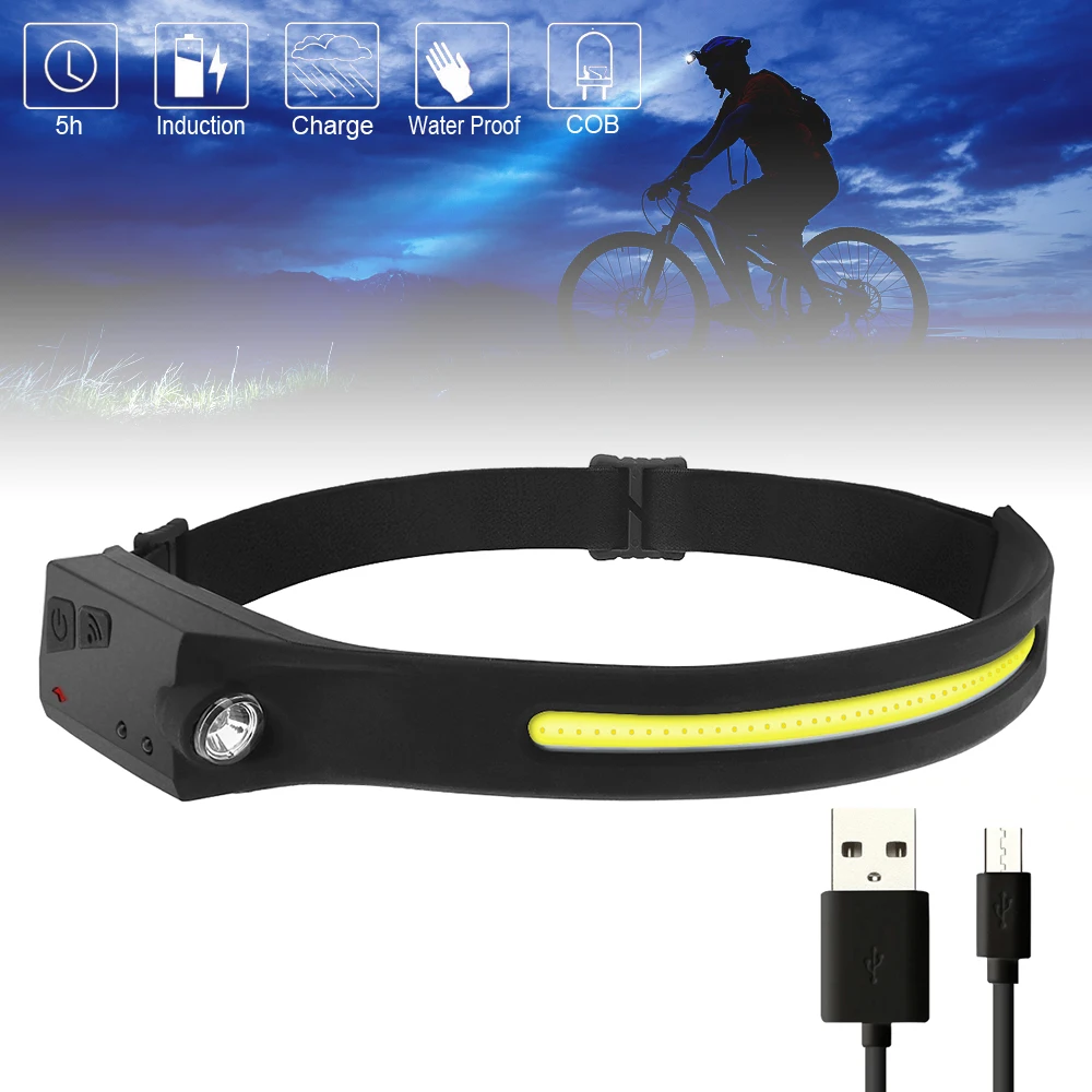 10W White Light Rechargeable Headlamp COB LED USB 4 Modes Lights Sensor Headlight Built-in Battery for Camping Lighting