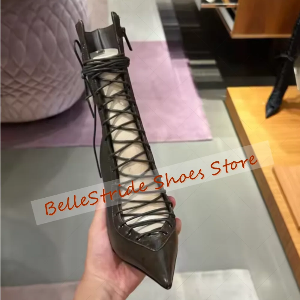 블랙 사이드 지퍼 포인티드 토 부츠 레이스업 여성 슈즈 스틸레토 하이힐 파티 연회 데이트 2025 여성용 신발