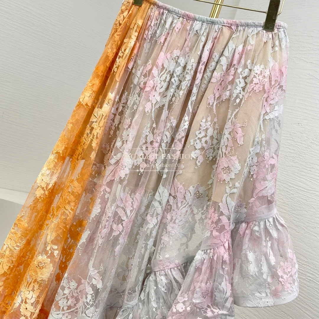

Women's Lace Patchwork Ruffles Pleat Irregular Hem Orange Pink Midi Skirt for Holiday