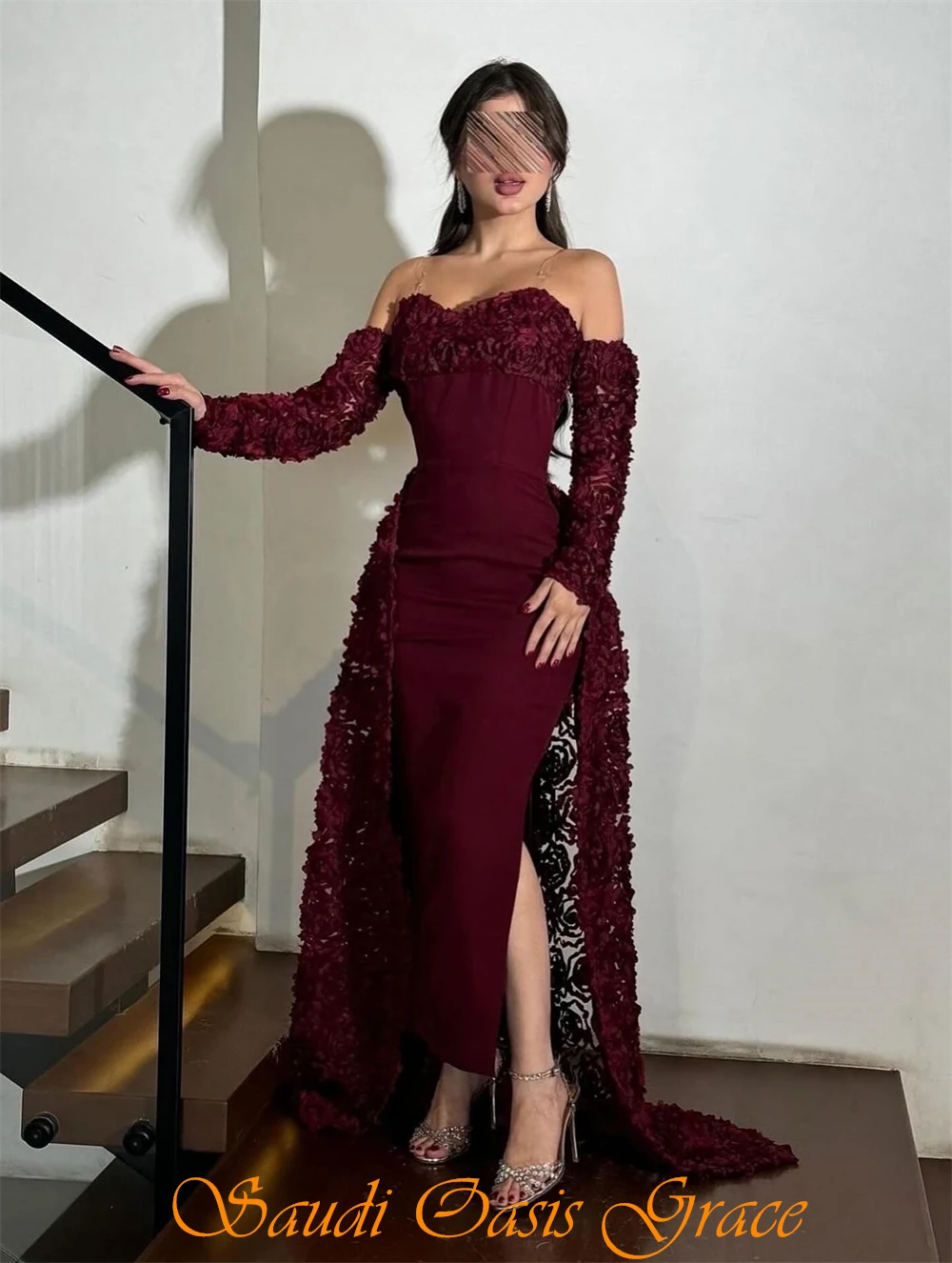 Abito da sera semplice personalizzato in jersey bordeaux Abito da festa sexy a maniche lunghe con scollo a cuore Abiti da ballo con strascico a sirena morbida